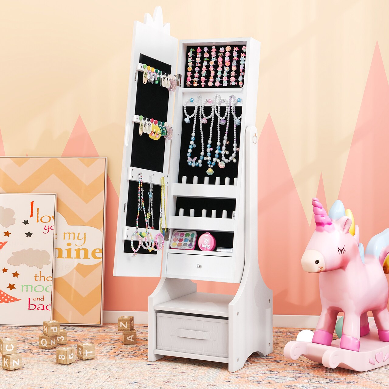 Kids Jewelry Cabinet with Full-Length Mirror for Kids Bedroom and Playroom